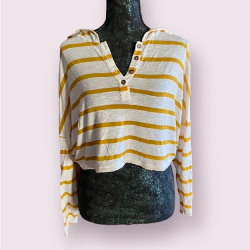 William B Mustard Yellow and White Striped Henley Cropped Pullover Hoodie